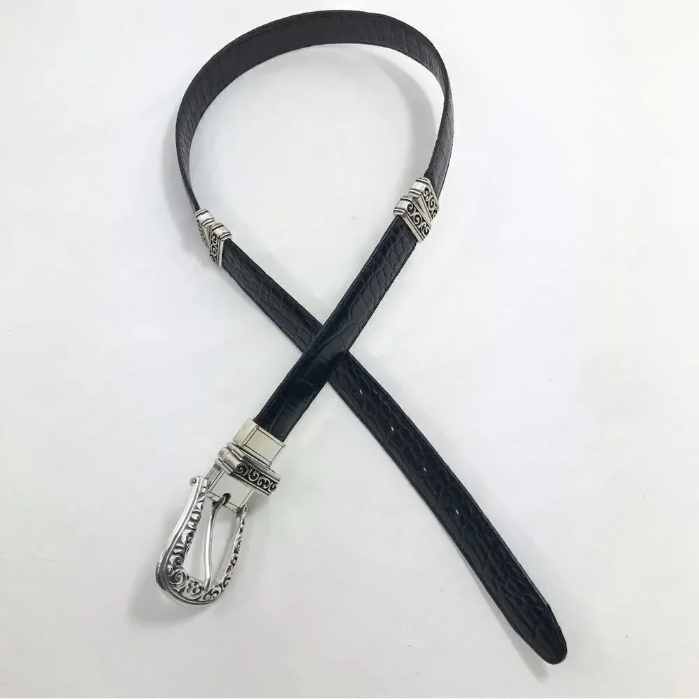 Brighton Black Brown Reptile Embossed Silver Scroll Hardware Reversible Belt